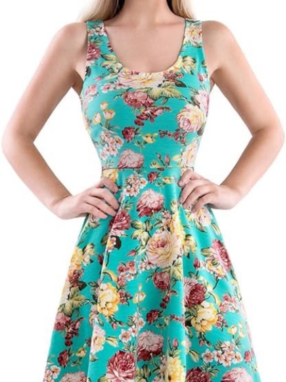 Tam Ware Womens Casual Fit-and-Flare Floral Sleeveless Dress - Turquoise Sz M